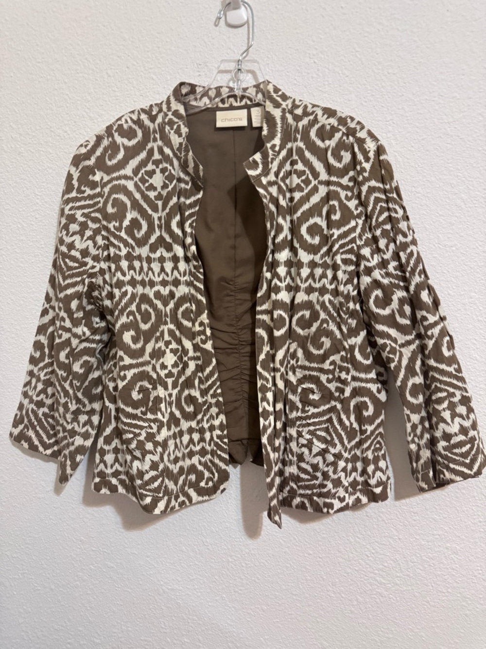 Chico's Boho Print Jacket Taupe & White Cotton Open-Front Blazer 3